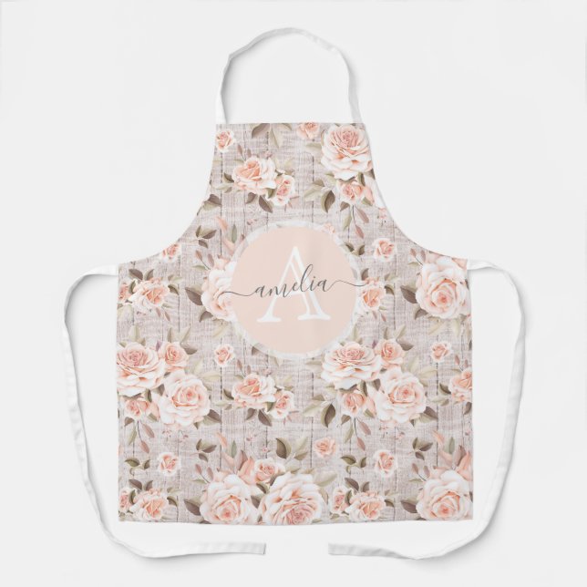 Monogram Name Rustic Wood & Vintage Roses Romantic Apron (Front)