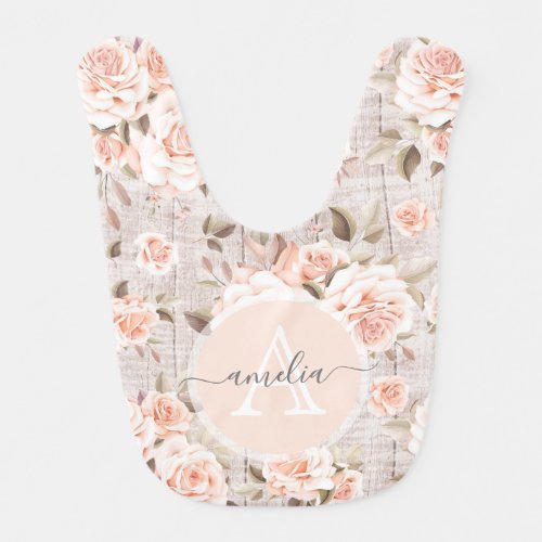 Monogram Name Rustic Wood  Vintage Roses Romantic Baby Bib