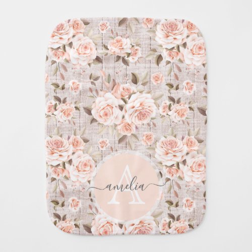 Monogram Name Rustic Wood  Vintage Roses Romantic Baby Burp Cloth