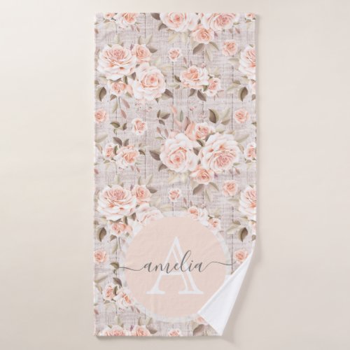 Monogram Name Rustic Wood  Vintage Roses Romantic Bath Towel