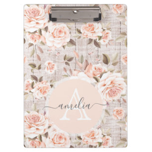 Monogram Name Rustic Wood & Vintage Roses Romantic Clipboard
