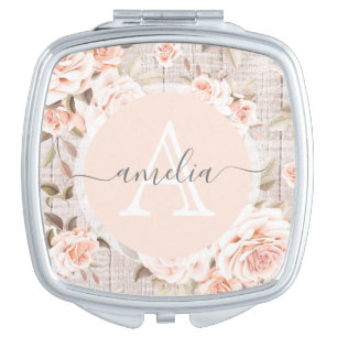 Monogram Name Rustic Wood & Vintage Roses Romantic Compact Mirror