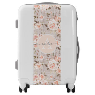 Monogram Name Rustic Wood & Vintage Roses Romantic Luggage