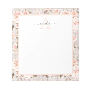 Monogram Name Rustic Wood & Vintage Roses Romantic Notepad