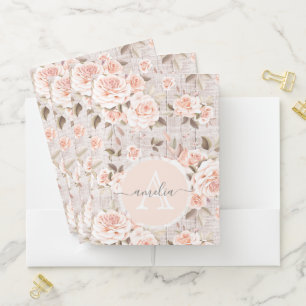 Monogram Name Rustic Wood & Vintage Roses Romantic Pocket Folder