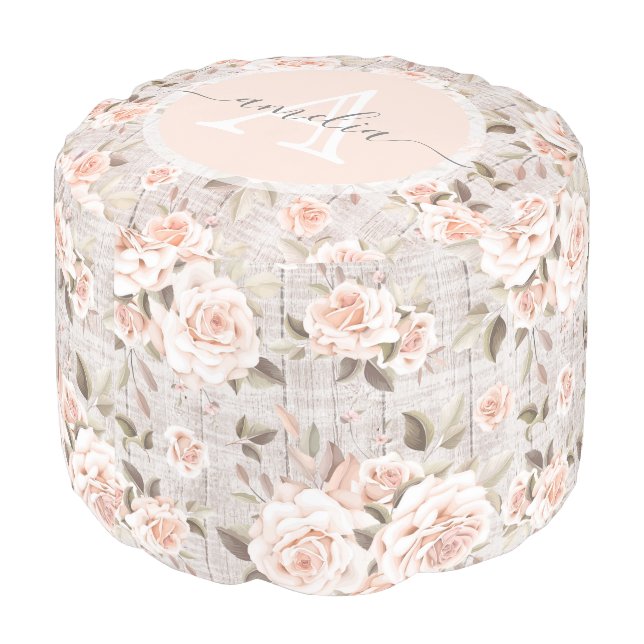 Monogram Name Rustic Wood & Vintage Roses Romantic Pouf (Angled Back)