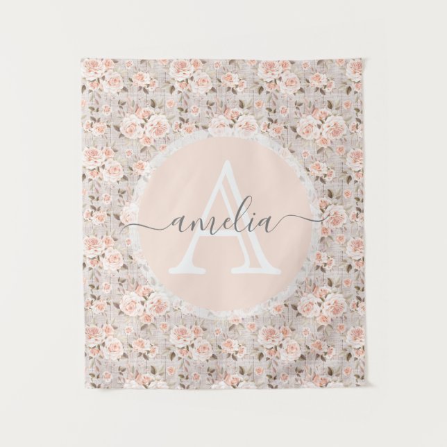Monogram Name Rustic Wood & Vintage Roses Romantic Tapestry (Front)