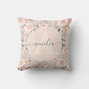 Monogram Name Rustic Wood & Vintage Roses Romantic Throw Pillow