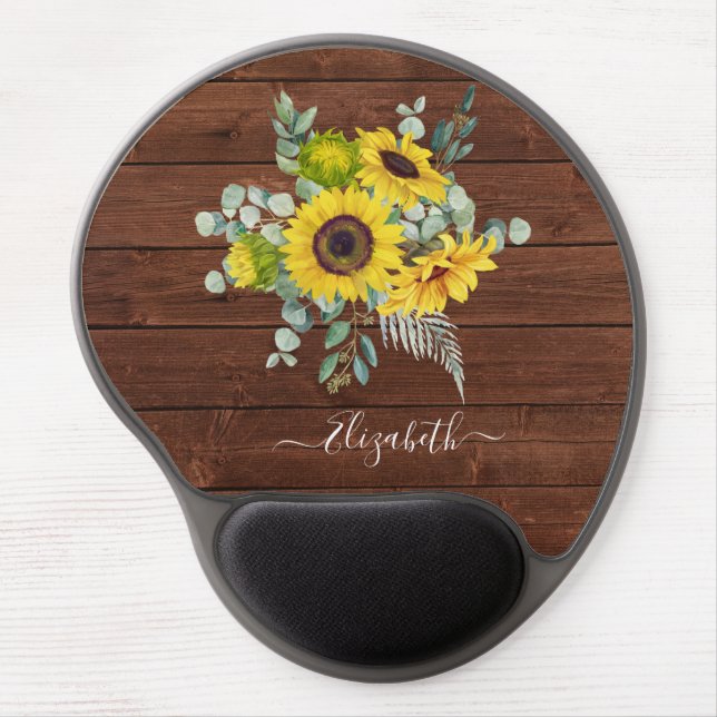 Monogram Name Rustic Wood Yellow Sunflower Gel Mouse Pad (Front)
