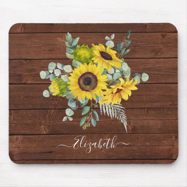 Monogram Name Rustic Wood Yellow Sunflower Mouse Pad | Zazzle