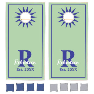 Monogram name sage green blue modern minimalist cornhole set