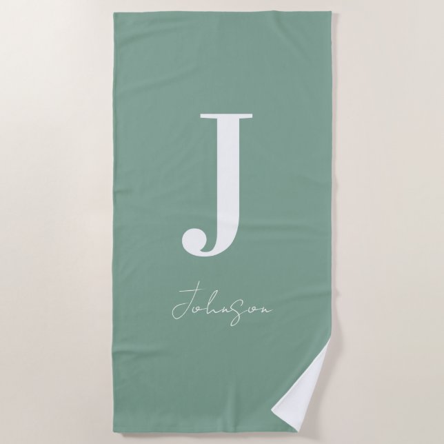 Monogram Name Sage Green Modern Beach Towel (Front)