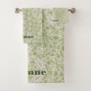 Monogram Name Sage Green Pattern Bath Towel Set