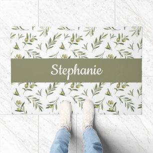 Monogram Name Sage Green Watercolor Olives Doormat