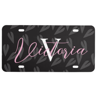 Monogram Name Script Any Color Hearts License Plate