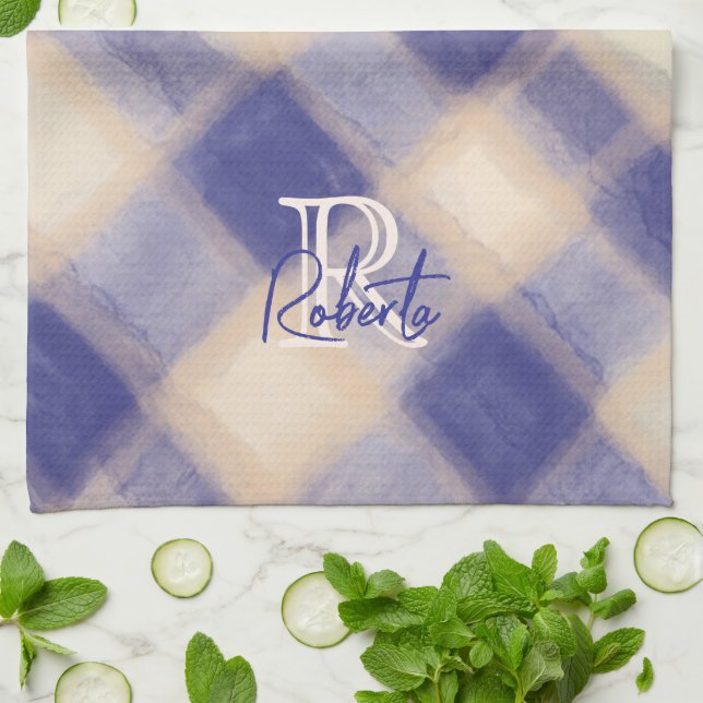 Monogram name script blue navy cream beige plaid  kitchen towel (Folded)