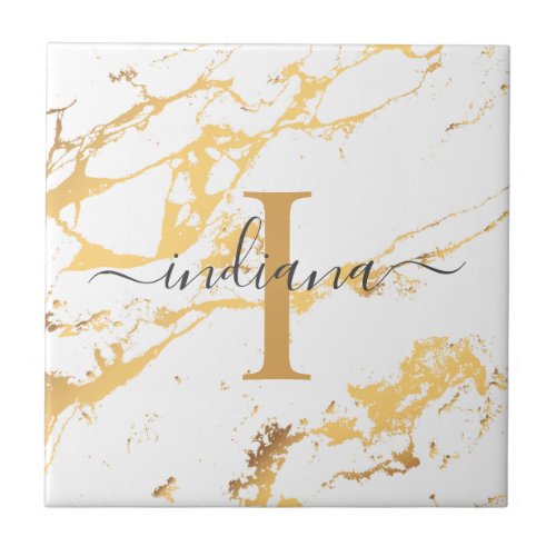 Monogram Name Script Initial Gold Marble Pattern Ceramic Tile