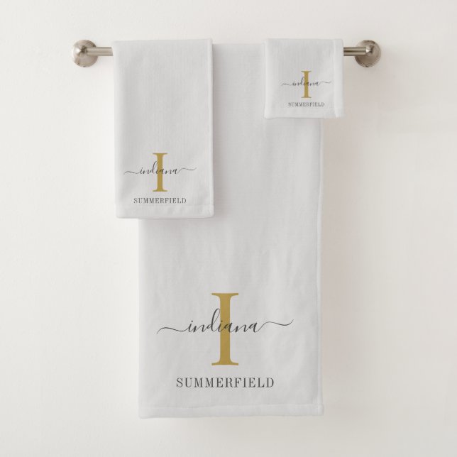 Monogram Name Script Minimalist Gold Gray Bath Towel Set (Insitu)