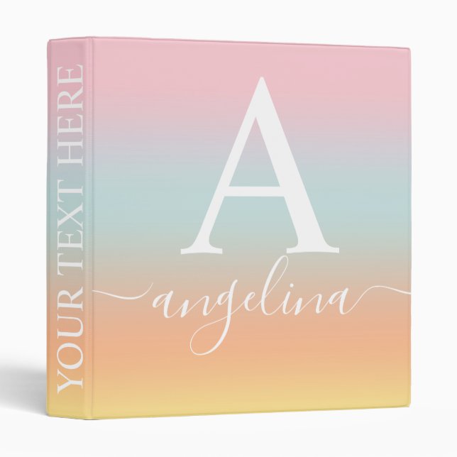 Monogram Name Script Text Gradient Ombre Pink   3 Ring Binder (Front/Spine)