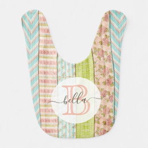 Monogram Name Shabby Roses on Rustic Wood Cottage Baby Bib
