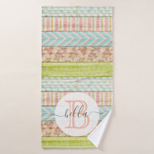 Monogram Name Shabby Roses on Rustic Wood Cottage Bath Towel