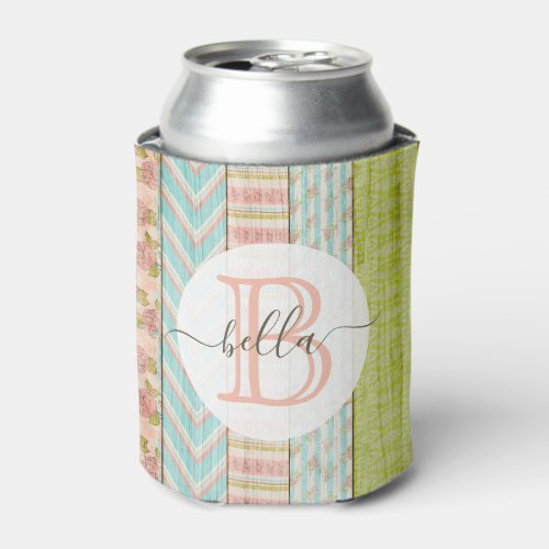 Monogram Name Shabby Roses on Rustic Wood Cottage Can Cooler