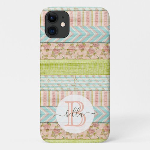 Monogram Name Shabby Roses on Rustic Wood Cottage iPhone 11 Case