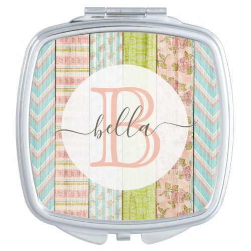 Monogram Name Shabby Roses on Rustic Wood Cottage Compact Mirror