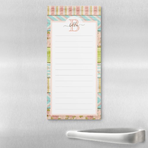 Monogram Name Shabby Roses on Rustic Wood Cottage Magnetic Notepad