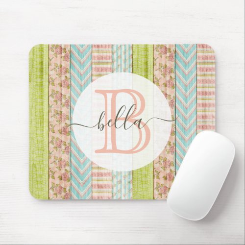Monogram Name Shabby Roses on Rustic Wood Cottage Mouse Pad