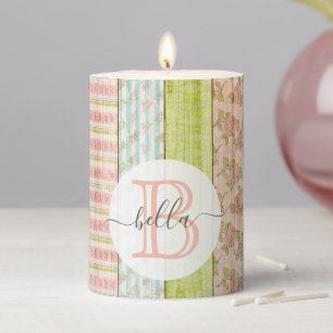 Monogram Name Shabby Roses on Rustic Wood Cottage Pillar Candle