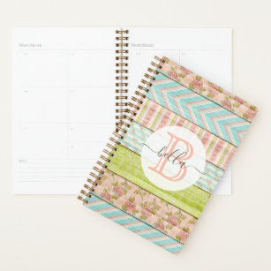 Monogram Name Shabby Roses on Rustic Wood Cottage Planner