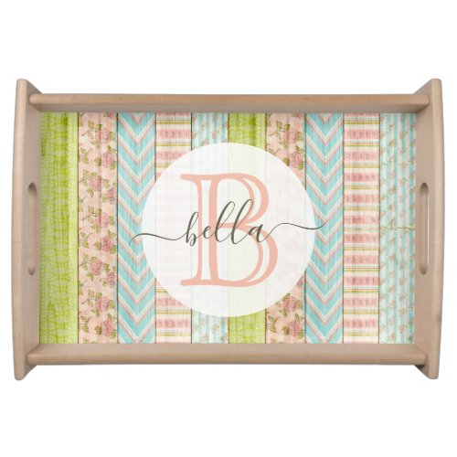 Monogram Name Shabby Roses on Rustic Wood Cottage Serving Tray