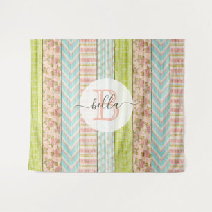 Monogram Name Shabby Roses on Rustic Wood Cottage Tapestry