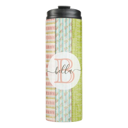 Monogram Name Shabby Roses on Rustic Wood Cottage Thermal Tumbler