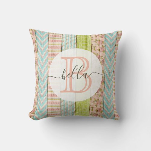 Monogram Name Shabby Roses on Rustic Wood Cottage Throw Pillow
