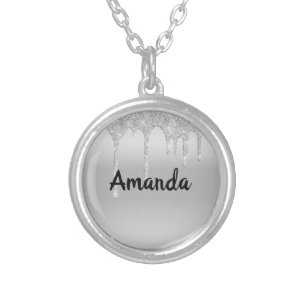 Monogram Name Silver Dripping Glitter Trendy Plated Necklace