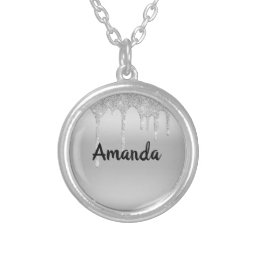 Monogram Name Silver Dripping Glitter Trendy Silver Plated Necklace