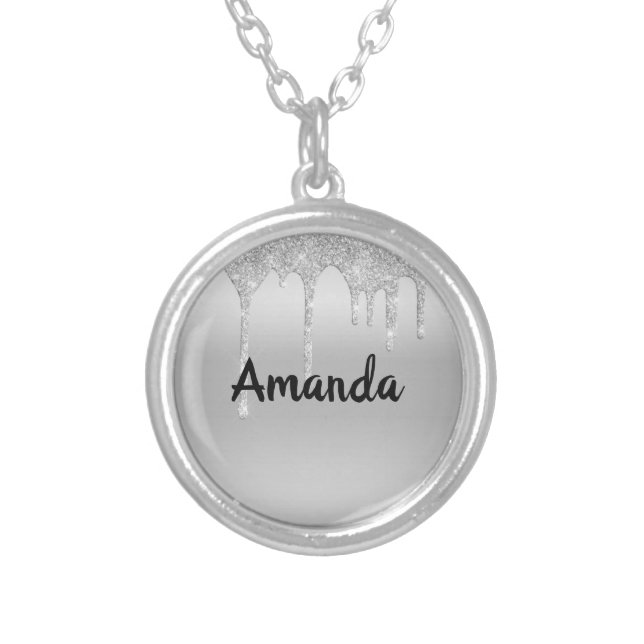 Monogram Name Silver Dripping Glitter Trendy Silver Plated Necklace (Front)