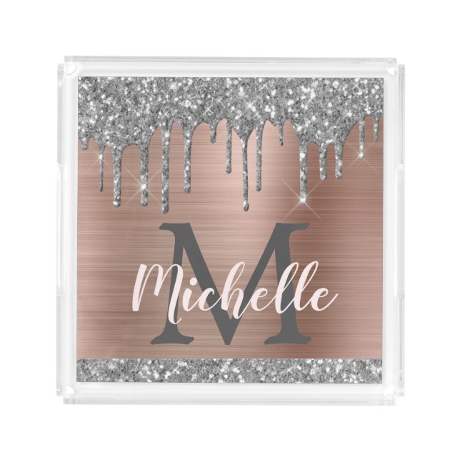 Monogram Name Silver Glitter Drips Pink Metal Acrylic Tray (Front)