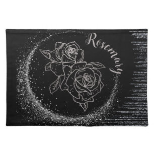 Monogram Name Silver Glitter & Roses on black Cloth Placemat