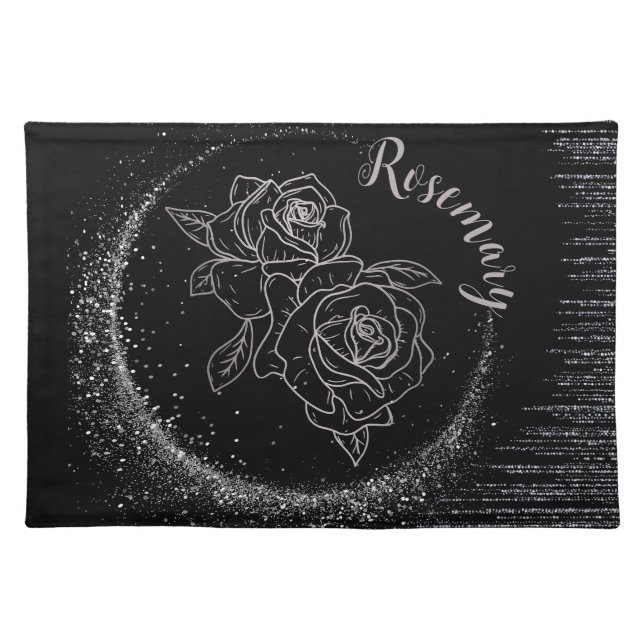 Monogram Name Silver Glitter & Roses on black | Cloth Placemat (Front)