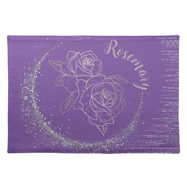 Monogram Name Silver Glitter & Roses on purple | Cloth Placemat (Front)