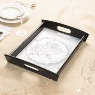Monogram Name Silver Glitter & Roses on white Serving Tray