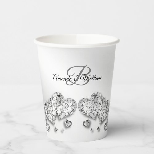 Monogram Name Silver Hearts Party Elegant Modern Paper Cups