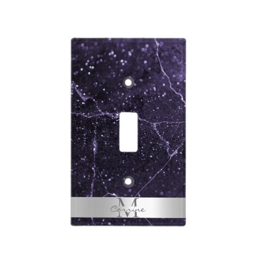 Monogram Name Silver  Royal Purple Glitter Marble Light Switch Cover