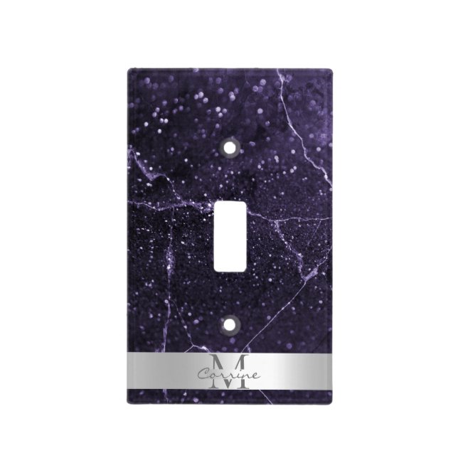 Monogram Name Silver + Royal Purple Glitter Marble Light Switch Cover (Front)