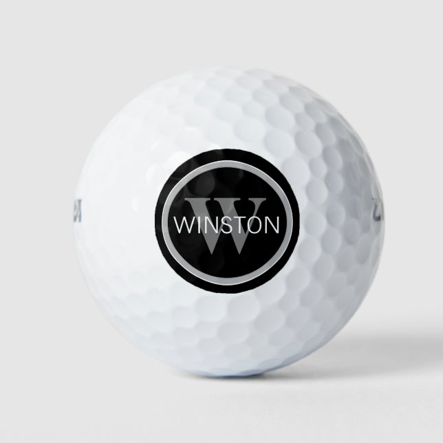 Monogram Name Simple Black and White Lettering Golf Balls (Front)