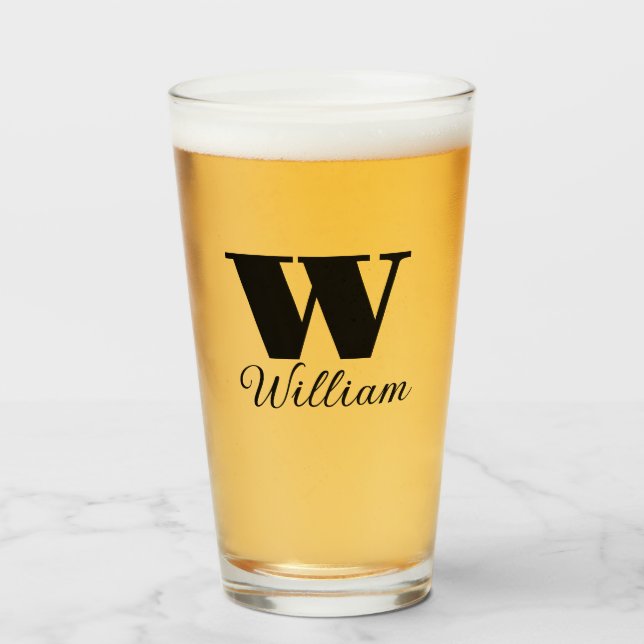 Monogram Name Simple Black Script Beer Glass (Front Filled)