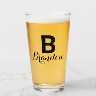 Monogram Name Simple Black Script Beer Glass